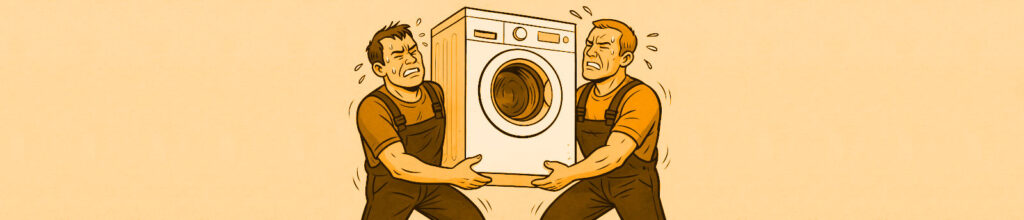 SEO-Fehler zwei verschwitzte Männer tragen eine Waschmaschine