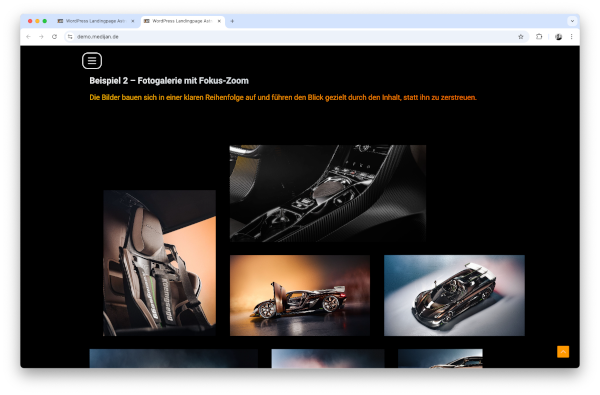 screenshot LandingPage Demo Greenshift Foto Zoom Grid