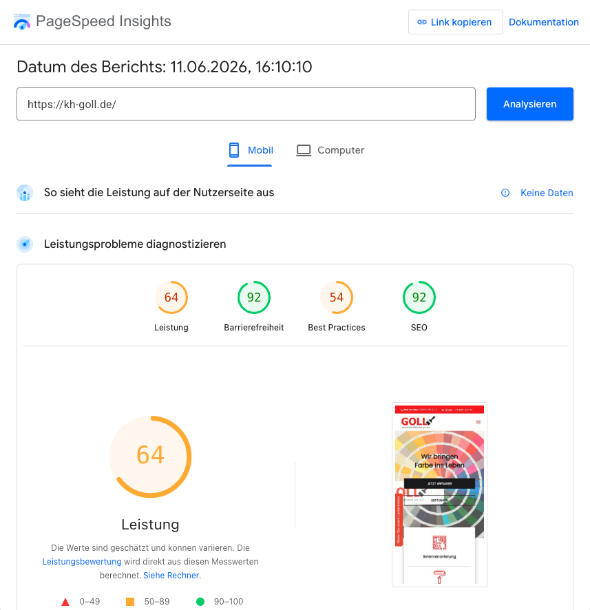 Malermeisterbetrieb Goll – WordPress-Migration von DIVI zu Astra – Vorher